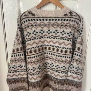 Patterned Crew Neck Sweater - Cream and Brown